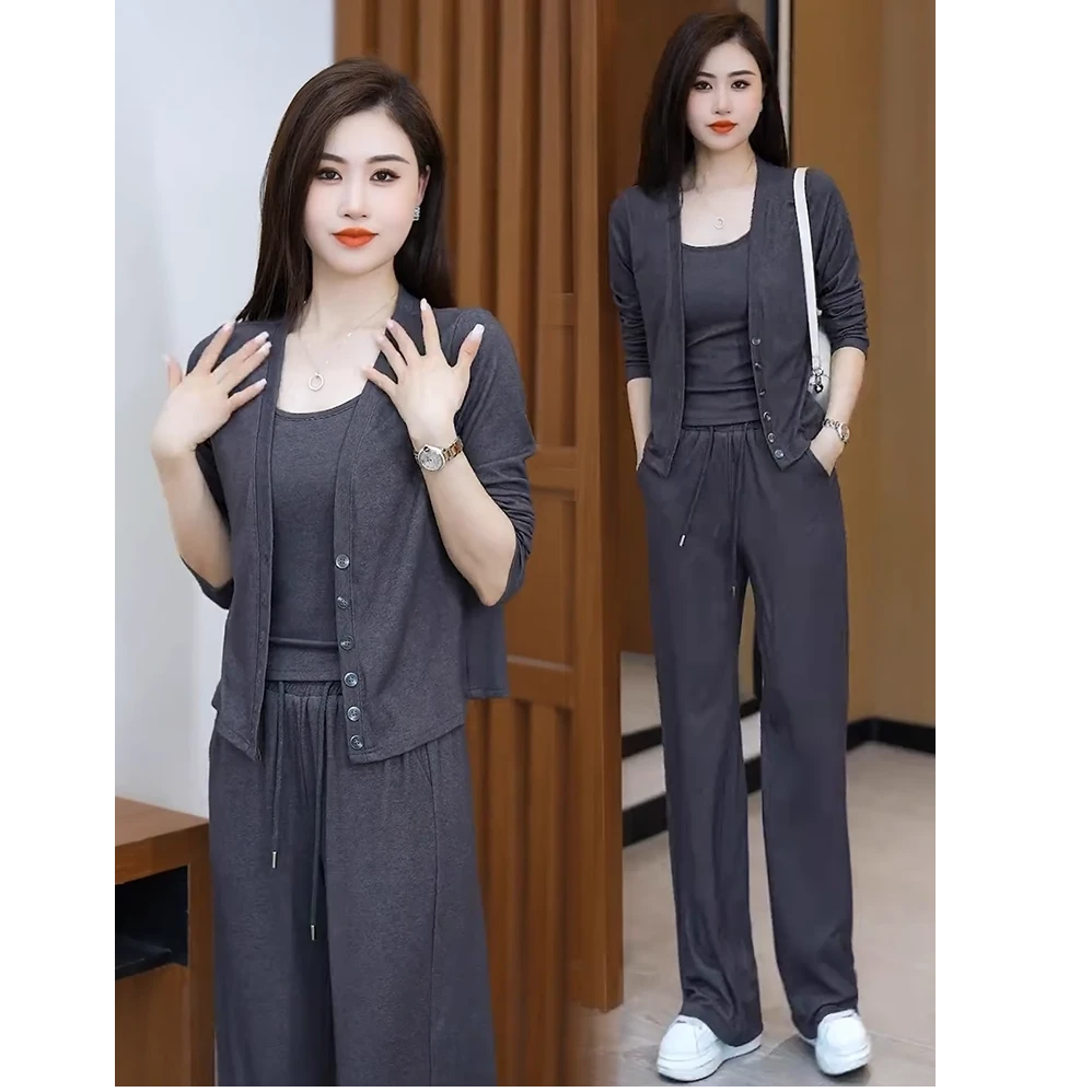 高级感时尚套装女士2024年秋季新款洋气显瘦开衫背心阔腿裤三件套