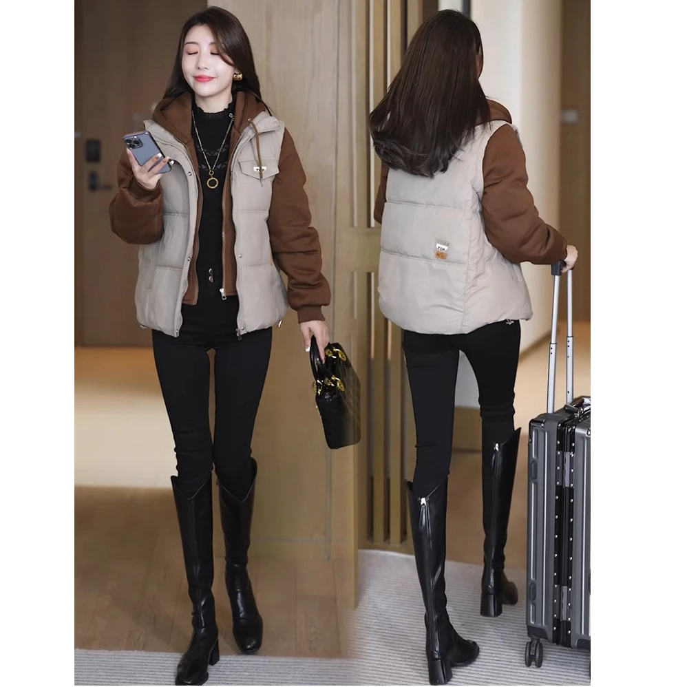 假两件连帽卫衣拼接羽绒棉服女2024冬季新款洋气百搭时尚棉衣棉袄