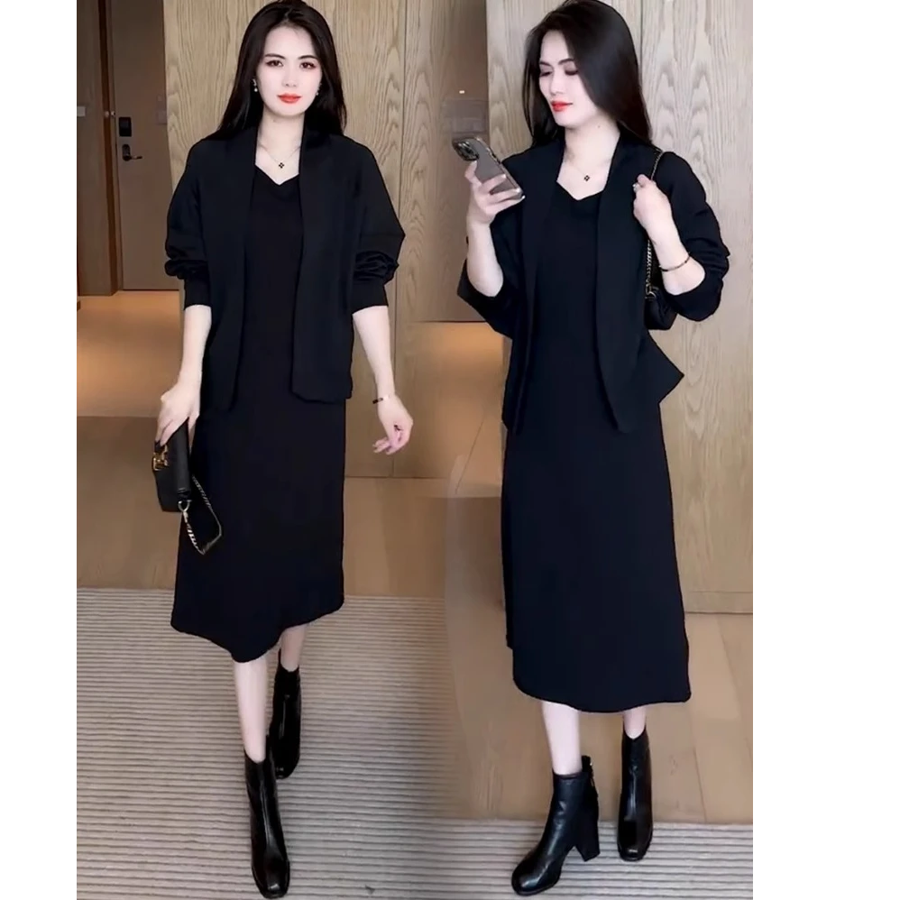 时尚套装裙女2024秋季新款洋气宽松短款外套连衣裙减龄显瘦两件套