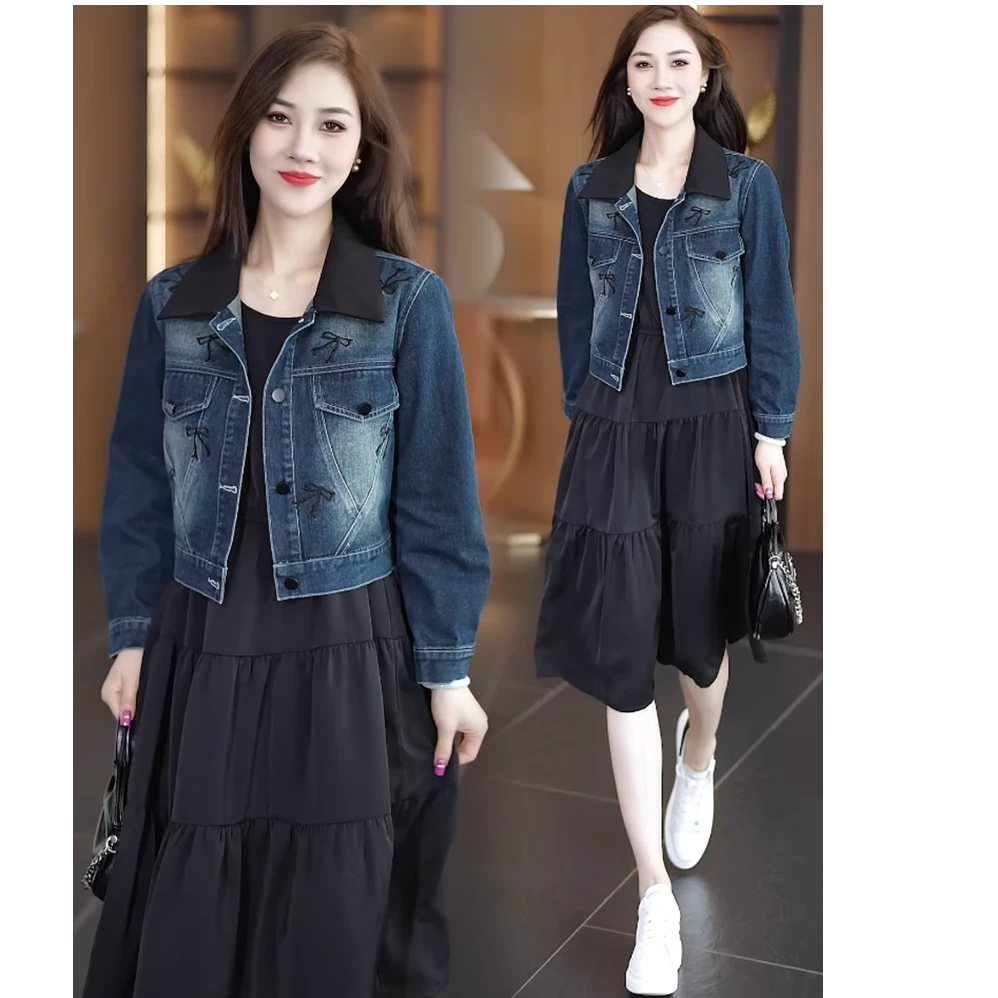 洋气连衣裙套装女2024春秋新款洋气时尚短款牛仔外套背心裙两件套