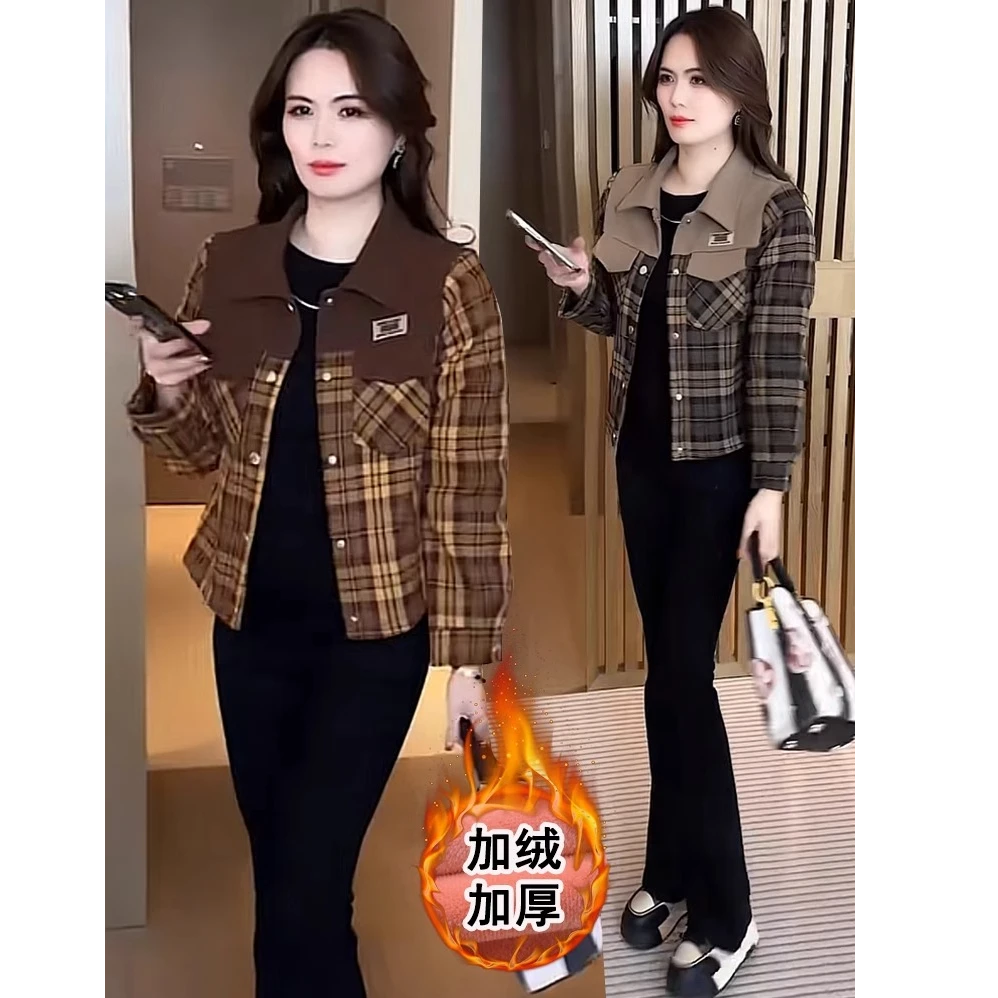 时尚加绒格子外套女短款2024秋冬新款小个子休闲衬衫加厚洋气上衣
