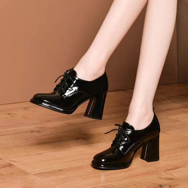 英伦风深口小皮鞋高跟真皮秋季新款单鞋百搭系带粗跟复古高跟鞋女