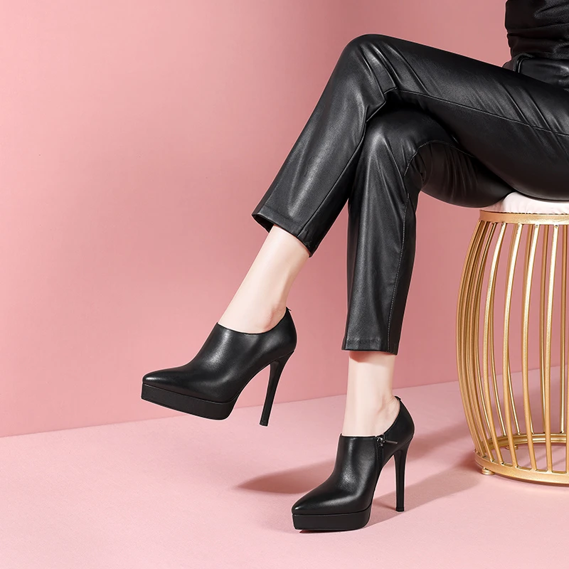 轻奢高端12cm防水台深口单鞋显瘦显高女鞋子时尚百搭真皮超高跟鞋