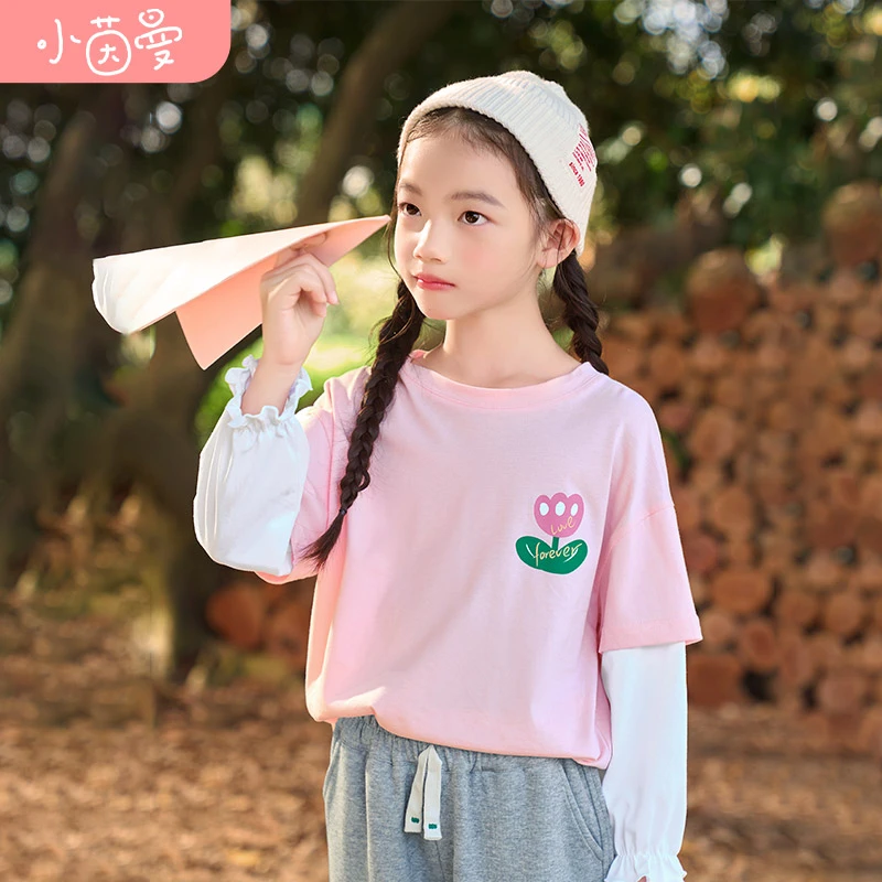 小茵曼女童假两件长袖T恤秋款纯棉童趣印花荷叶边上衣F3833002