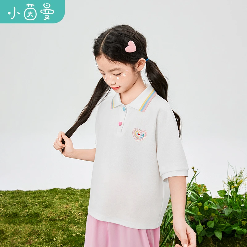 小茵曼女童T恤洋气儿童纯棉时尚休闲秋季中大童翻领短袖O3842028A