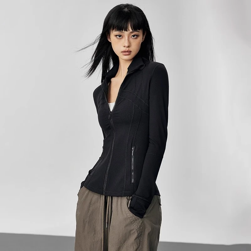 lulu秋冬高领运动外套拼接修身显瘦瑜伽上衣裸感加厚运动休闲外套