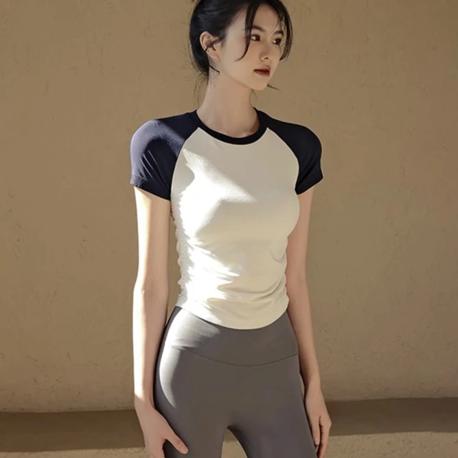 撞色紧身运动上衣女短款性感修身健身服网红速干衣瑜伽T恤健身衣
