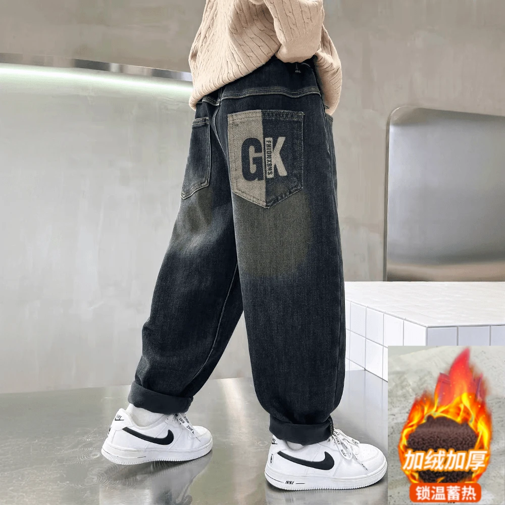 XJ男童裤子童装秋冬一体绒牛仔裤2024新款中大童儿童韩版宽松8809