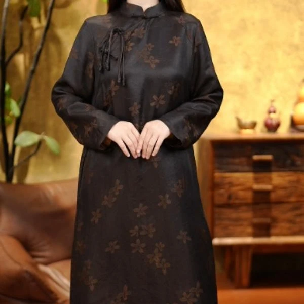 【小红花】中式复古长袖国风民族风秋冬提花新款连衣裙7150