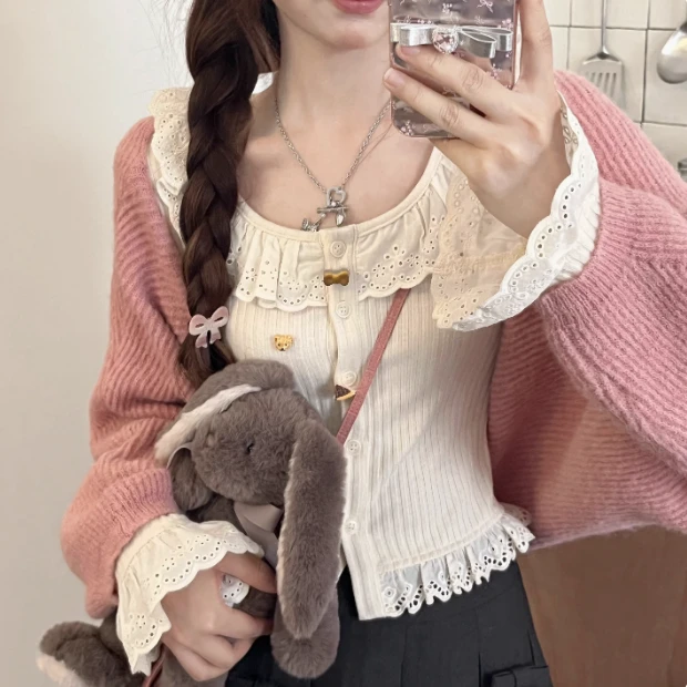 DOLL原创【小猫期刊】荷叶边拼接长袖针织衫女秋季薄款甜辣妹内搭外