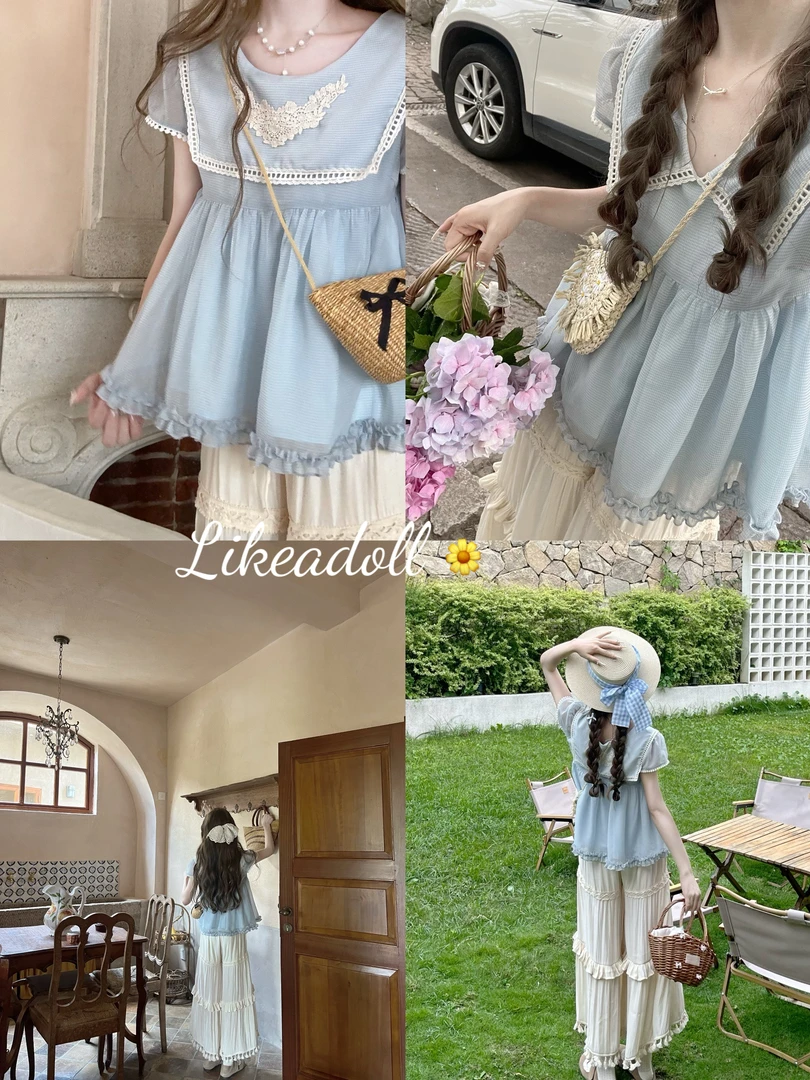 DOLL原创【去看海吧】两面穿海军领蓝色格子短袖上衣女设计感法式