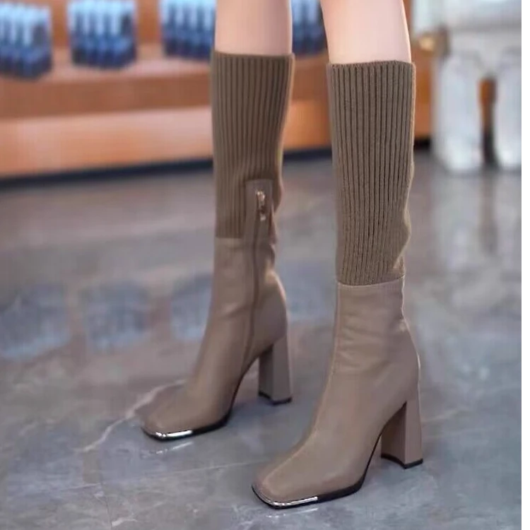 zzz-针织弹力袜靴高筒粗跟瘦瘦靴女靴2025早春季方头侧拉链骑士靴