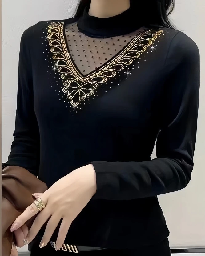 新款高端气质洋气烫钻镂空设计感轻熟风打底衫