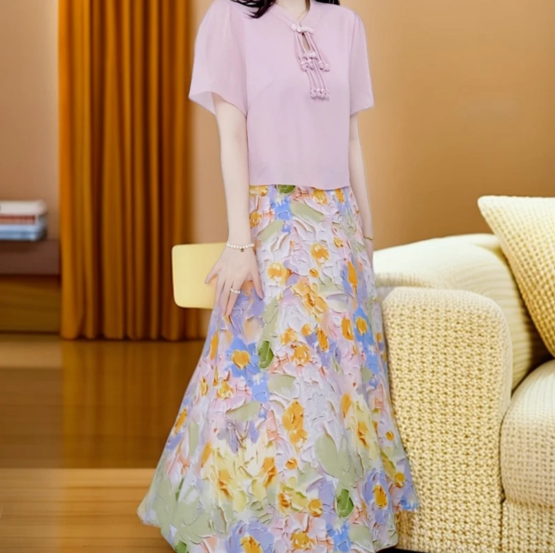 女装新款印花百搭时尚气质甜美假两件连衣裙