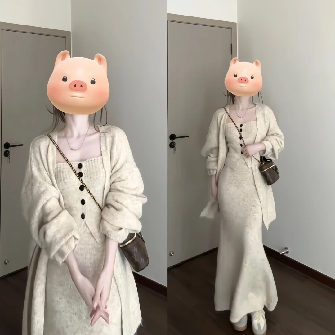 秋冬新款减龄温柔淑女慵懒风针织开衫抹胸背心高腰半身裙套装