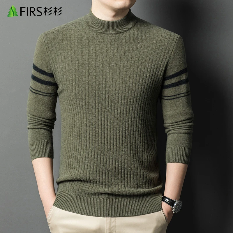 FIRS/杉杉男士长袖羊毛衫半高领加厚保暖秋冬条纹休闲时尚针织衫.