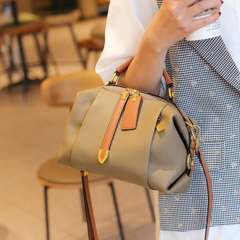 轻奢百搭休闲复古时尚真皮波士顿女包头层牛皮枕头包手提斜挎包