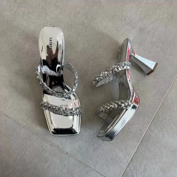 2024年夏季新款水钻一字带凉鞋女高跟鞋细跟透明方头银色凉拖黑色