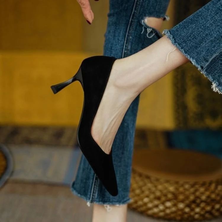 高跟鞋女2024年新款夏季黑色细跟尖头浅口绒面职业百搭气质单鞋女