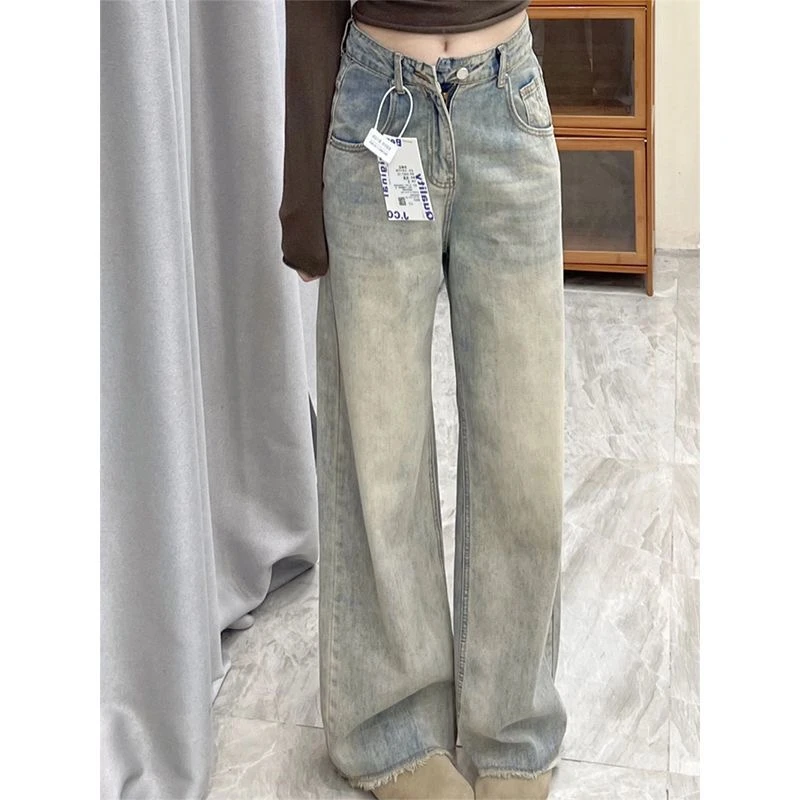 美式复古高腰垂感牛仔裤女春秋直筒宽松显瘦拖地毛边裤子小个子裤