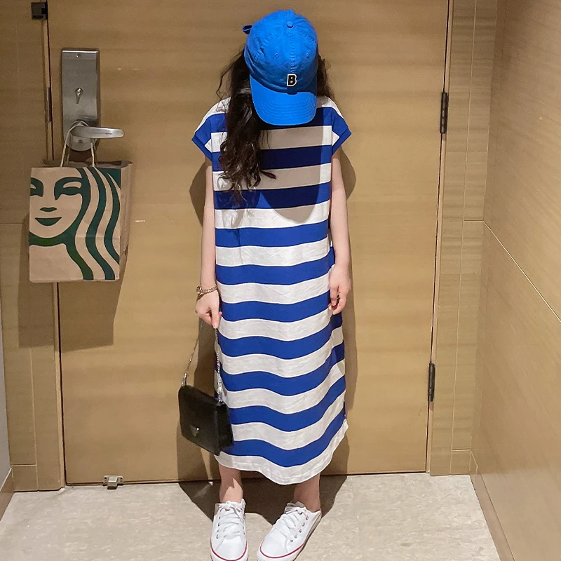 女童条纹连衣裙2023夏季新款8中大童短袖长款T恤裙子儿童休闲夏装