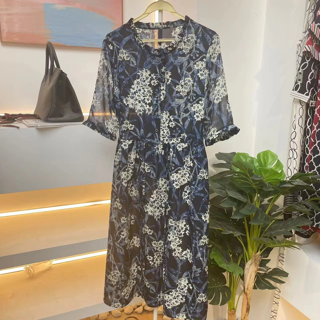 品牌高端大码碎花连衣裙女装夏季2024年新款复古短袖裙子A383-2