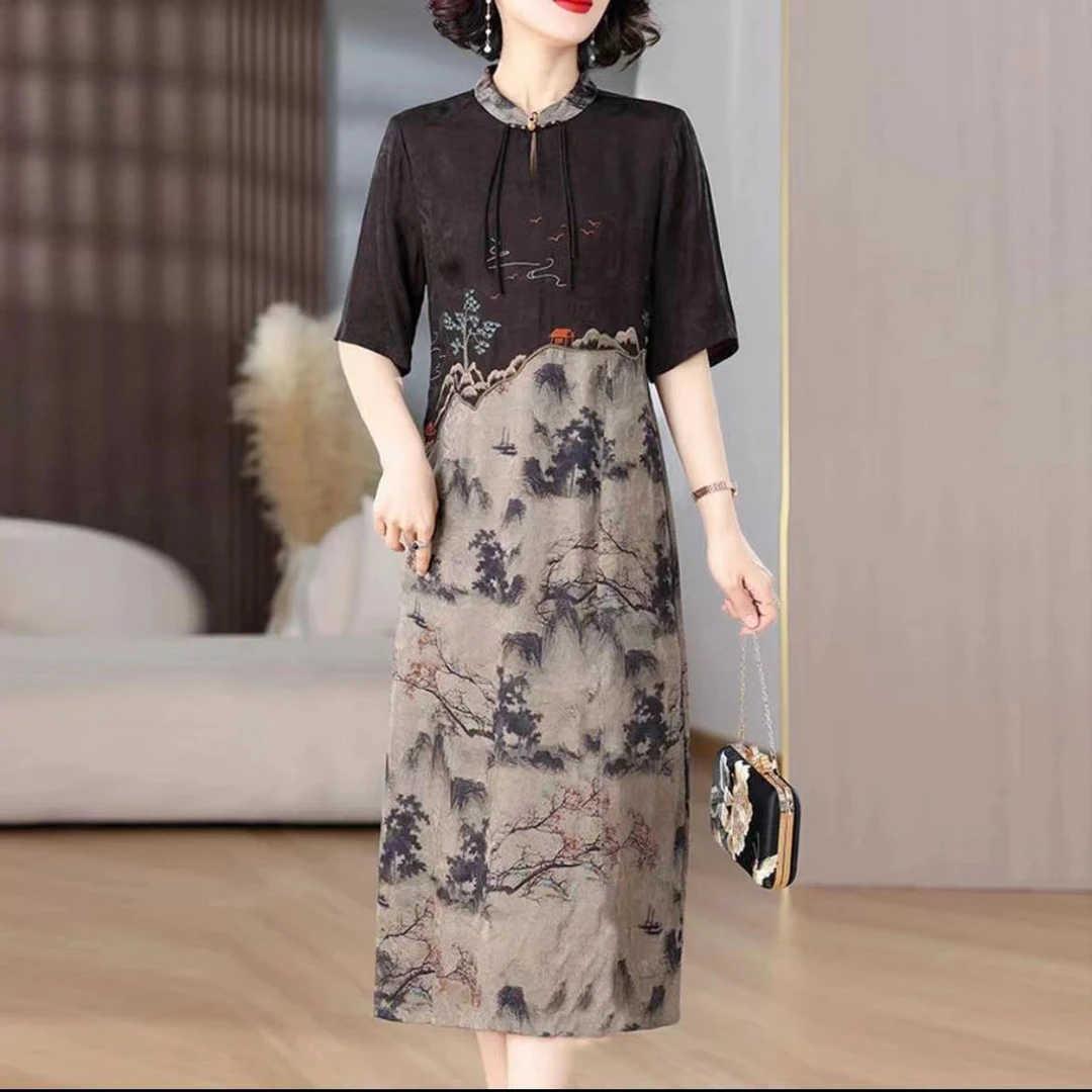 【新款上新】春夏季中式刺绣收腰时尚中长款气质短袖连衣裙5077