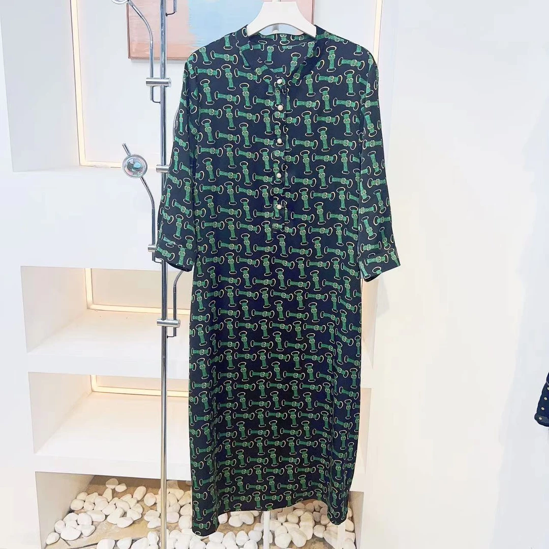 【中袖清版】2023夏季时尚收腰印花中长裙系带宽松显瘦连衣裙706A