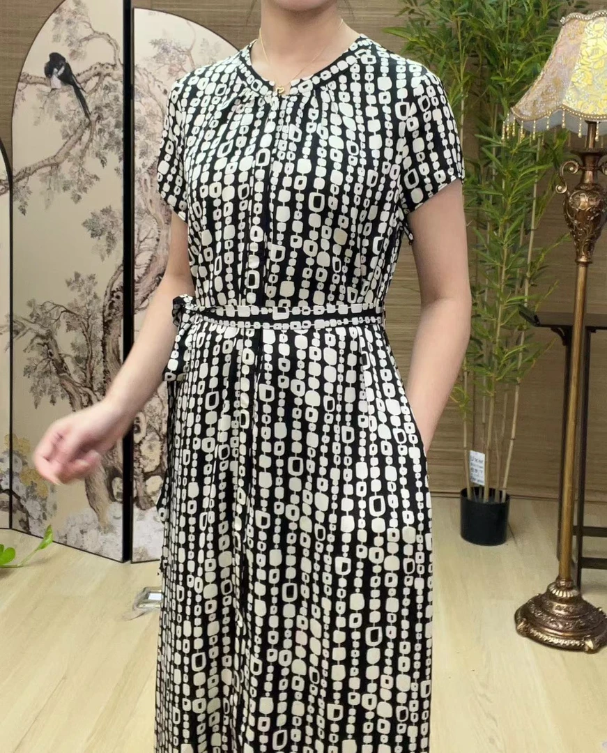 【新款上新】春夏季中式印花收腰时尚中长款气质中袖连衣裙9976