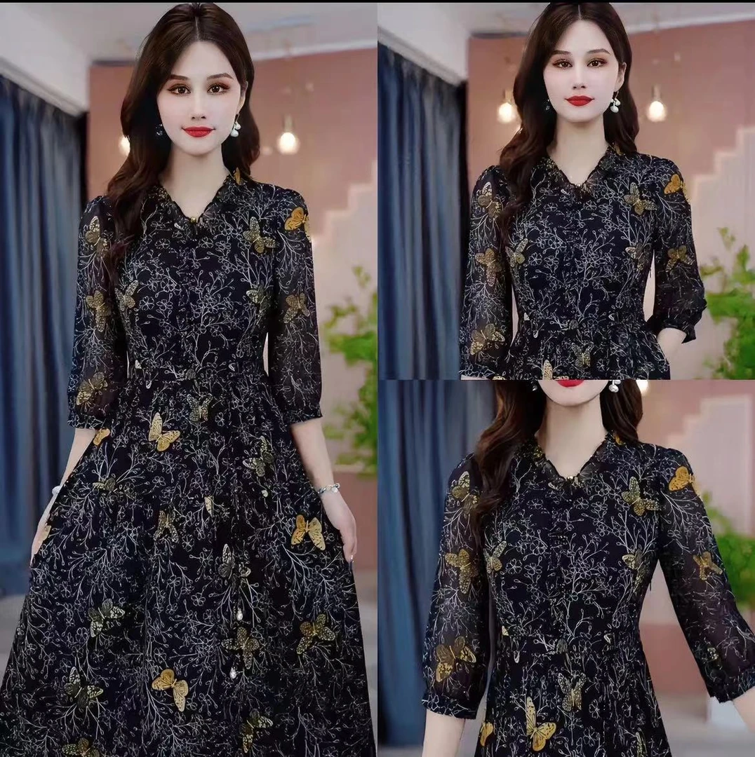 【新款长袖】2023夏季时尚圆点印花中长裙休闲宽松显瘦连衣群710-5