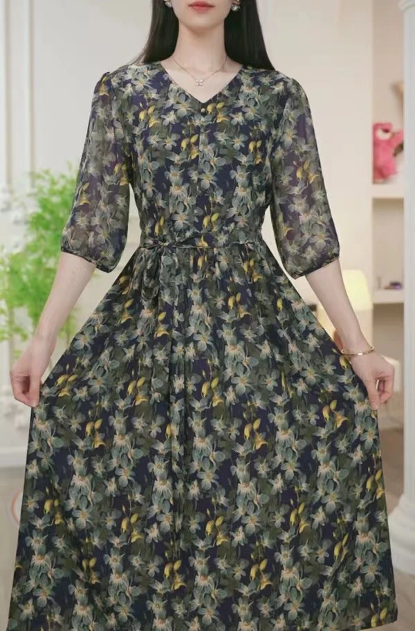 【女装连衣裙】2024年休闲系带长裙时尚长袖宽松连衣裙A990