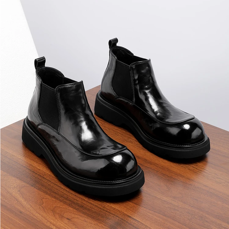 【胎牛皮】切尔西靴男款手抓纹靴子男真皮高帮大头皮鞋厚底短靴冬季