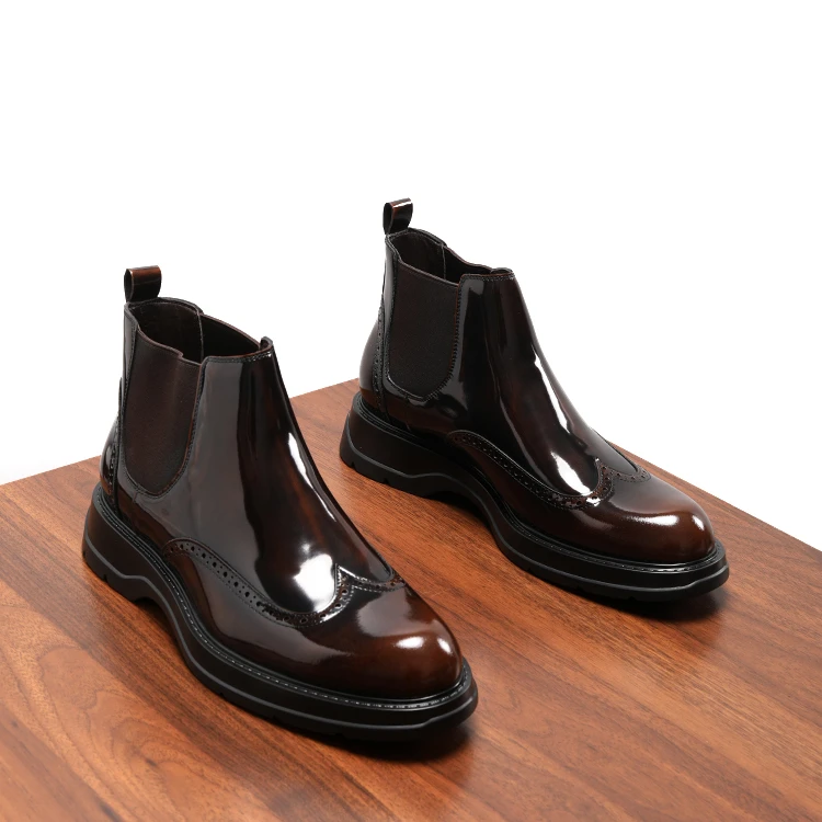 布洛克切尔西靴男真皮短靴英伦风雕花男士高帮皮鞋亮面休闲男靴子