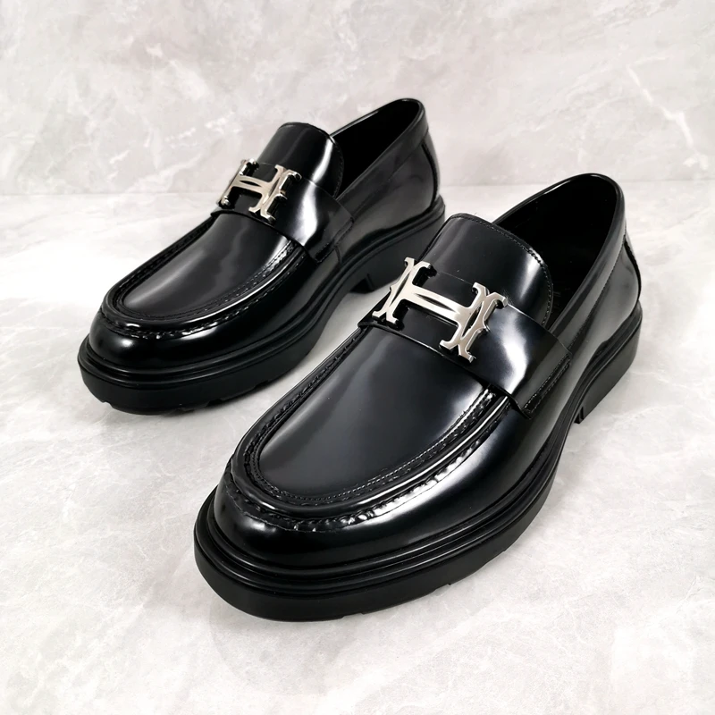 高档一脚蹬男鞋商务休闲皮鞋男款真皮透气高级感亮面乐福鞋男秋季