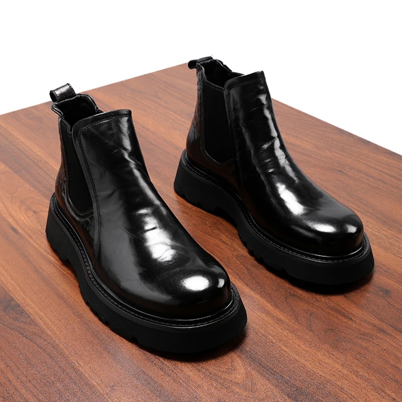 【胎牛皮】切尔西靴男款短靴真皮厚底增高手抓纹男靴子大头皮靴冬季