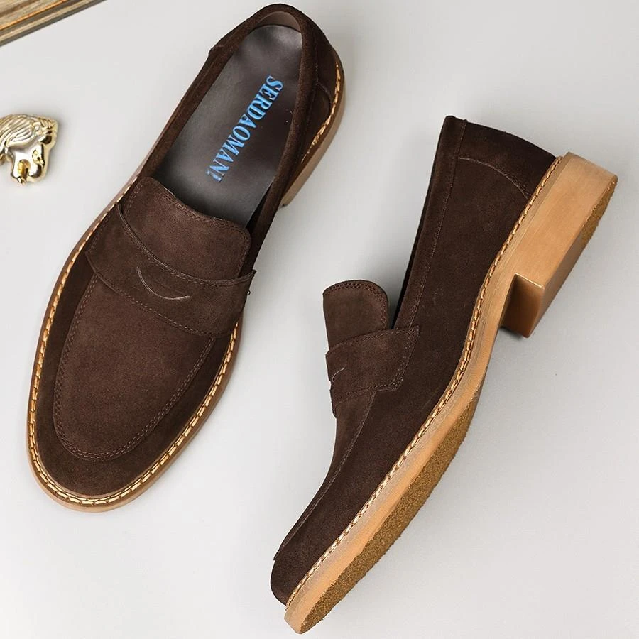 反绒牛皮便士乐福鞋男款真皮圆头百搭一脚蹬懒人鞋翻毛皮男鞋冬季