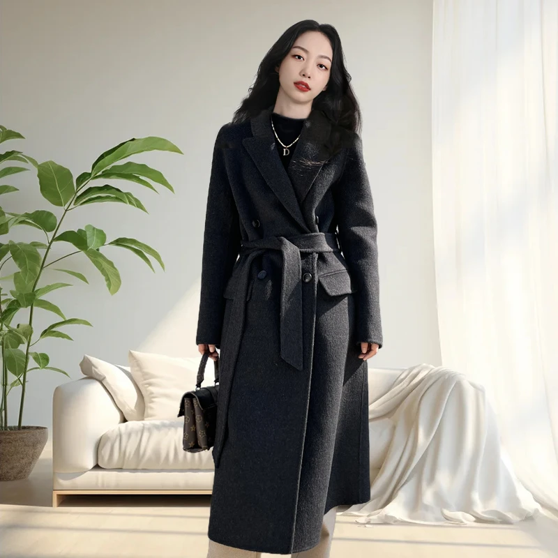 2025秋冬新款双面呢大衣女西装领中长款羊毛呢外套A020