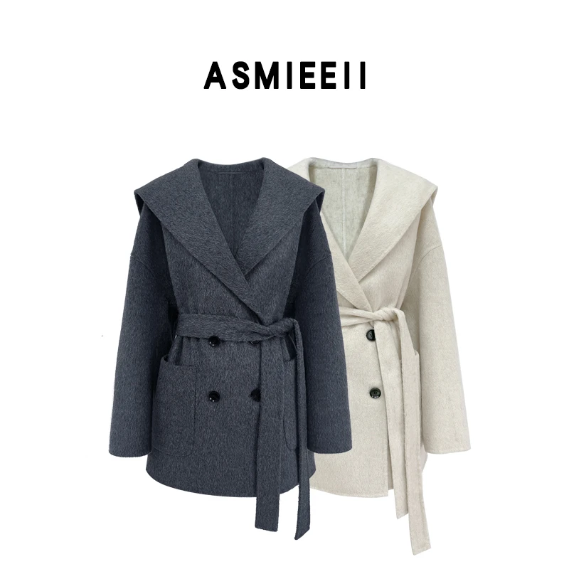 惨哥2025新款双面手缝羊毛大衣连帽宽松外套女23107