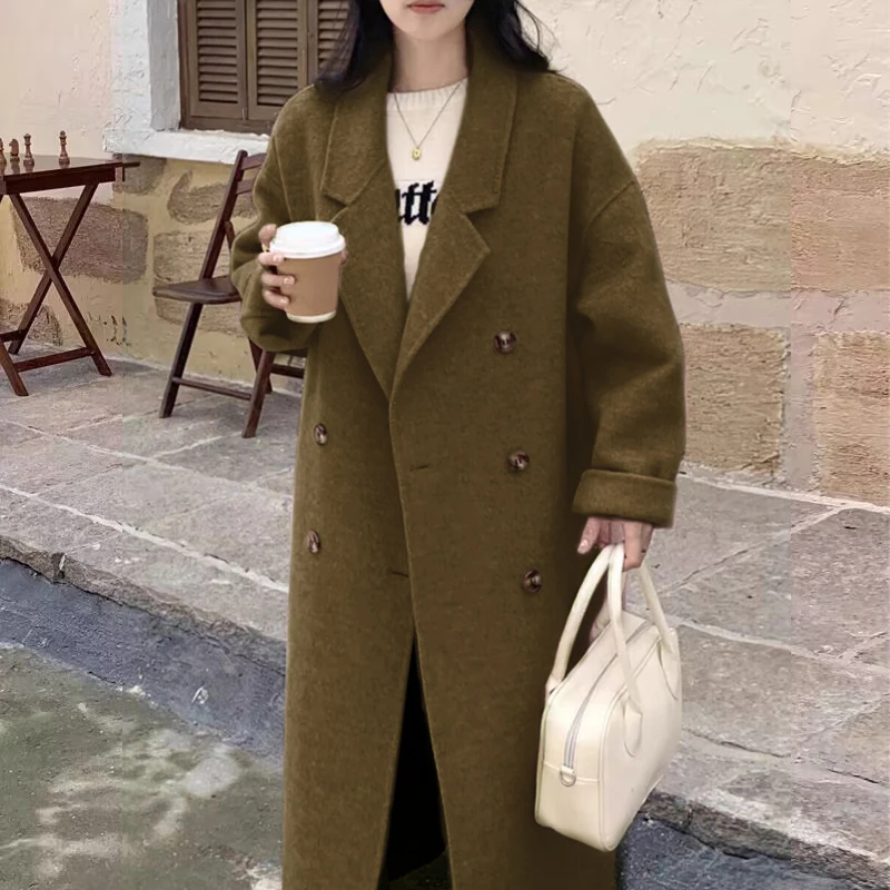 惨哥新款秋冬双面呢大衣双排扣中长款宽松毛呢外套2370