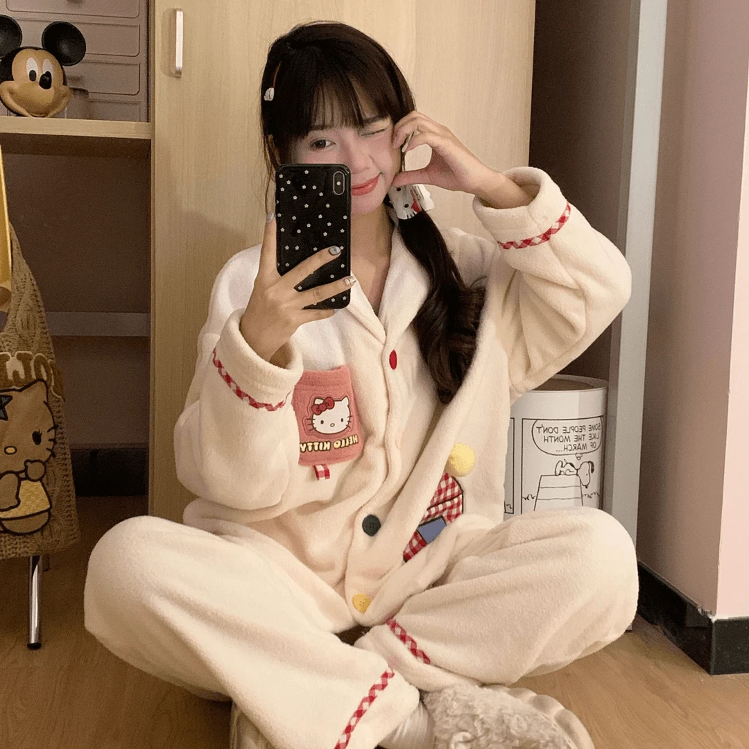 珊瑚绒睡衣女卡通可爱秋冬季加厚加绒保暖学生家居服可外穿套装