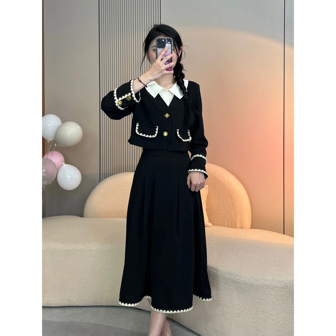 LSW 气质显瘦复古法式赫本风假两件百搭优雅套装裙两件套3550