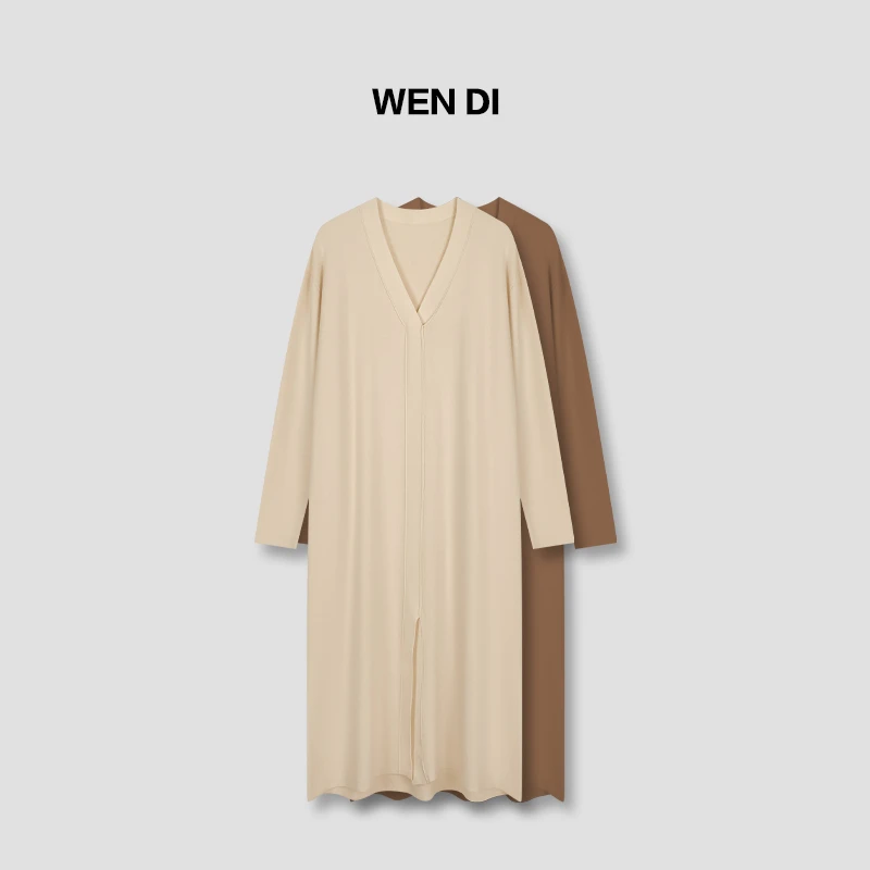 糯糯慵懒V领连衣裙气质长袖中长款针织裙女秋冬2024新款毛衣裙子