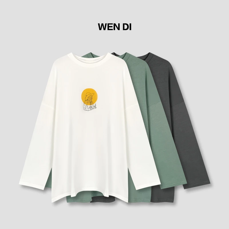 100棉长袖卫衣圆领t恤外穿上衣新款ins纯棉宽松印花休闲打底衫