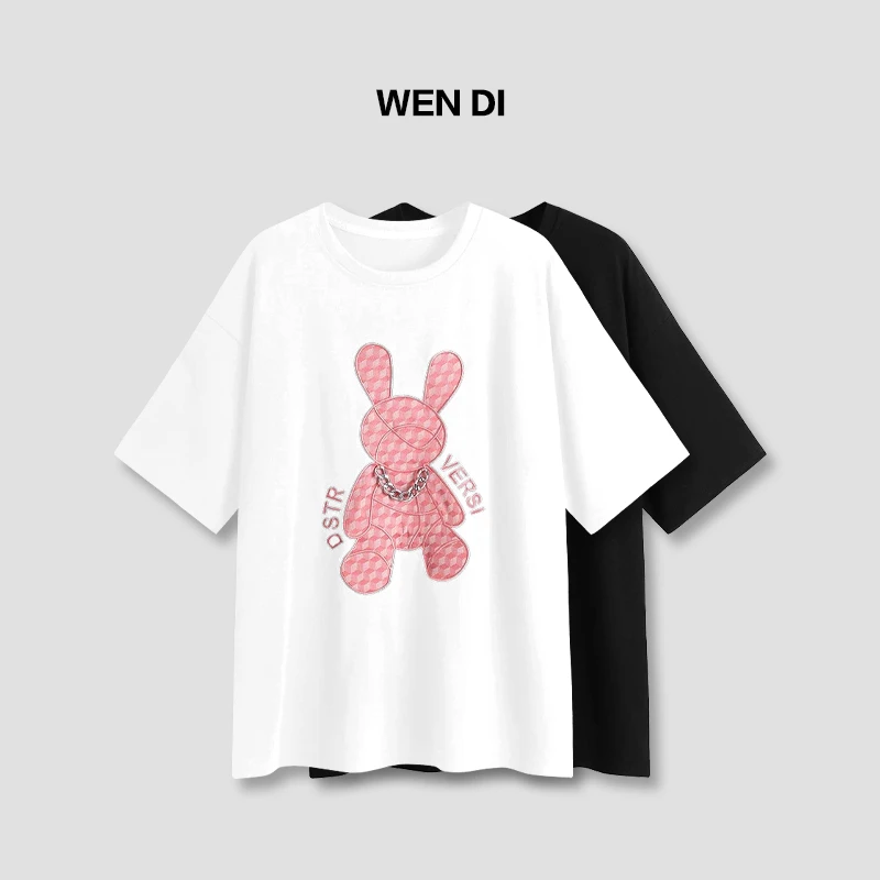 设计感圆领小兔子短袖t恤秋季厚款T恤刺绣印花宽松上衣ins潮百搭