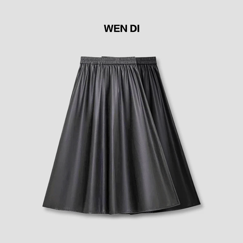 复古黑色PU皮半身裙女春秋高腰大摆伞裙中长款高级感辣妹A字长裙