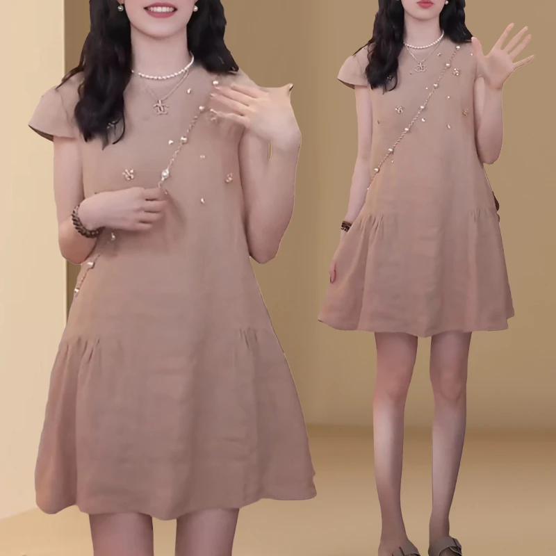 简单大方得体的卡其色时尚简约连衣裙子女夏女士夏季遮肚背心裙