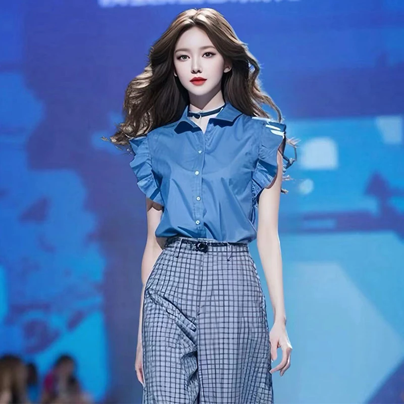 洋气衬衣夏季网红炸街减龄高腰时尚松初秋穿搭女士高腰直筒裤套装