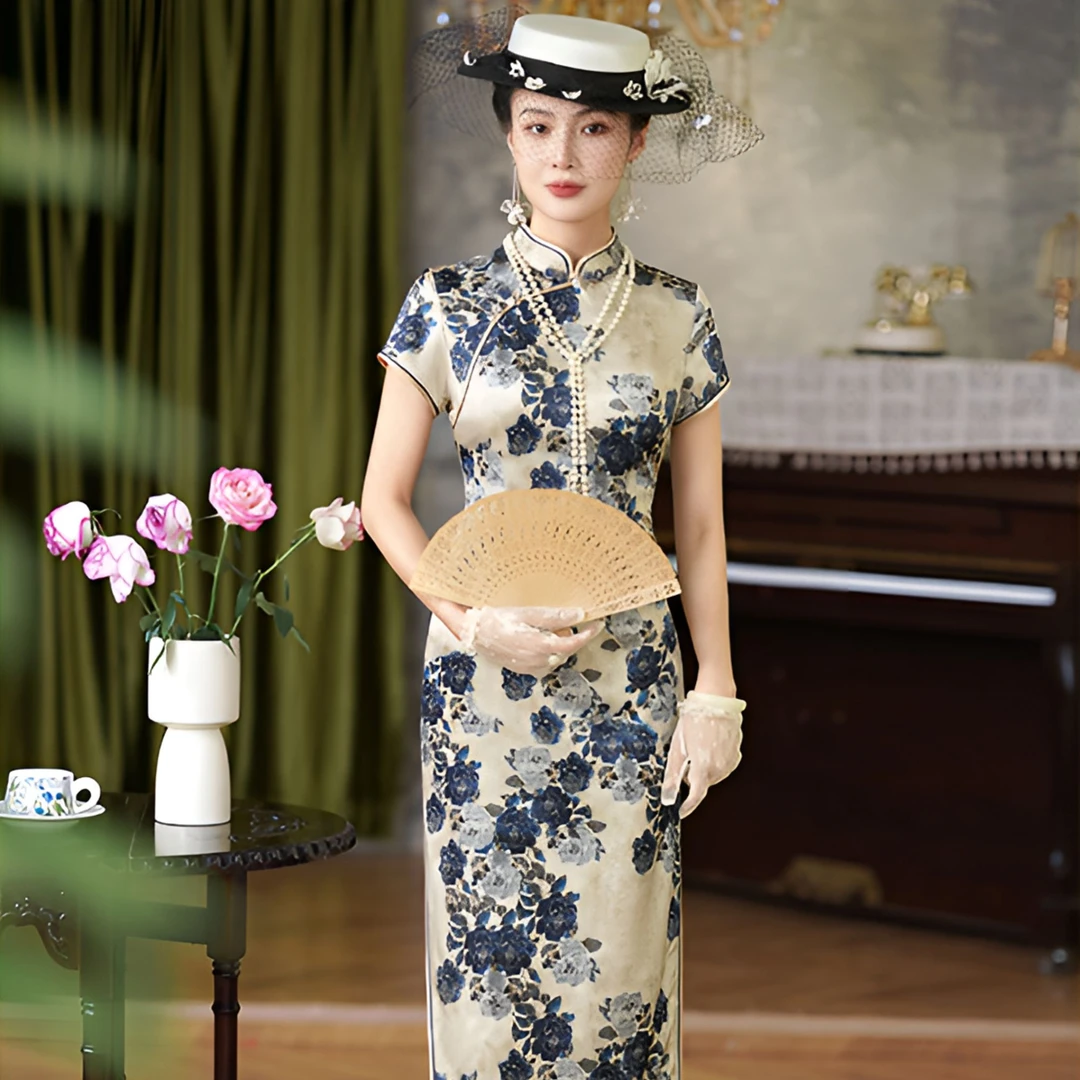 春夏高端青花瓷真丝桑蚕丝长款旗袍气质新中式年轻款少女气质旗袍