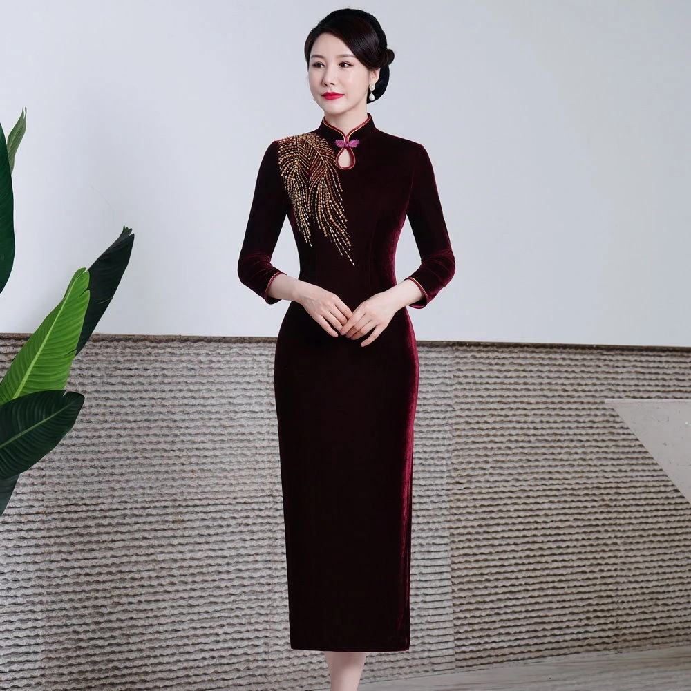 秋冬高贵气质喜妈妈婚礼新中式旗袍修身显瘦喜婆婆大码敬酒礼服