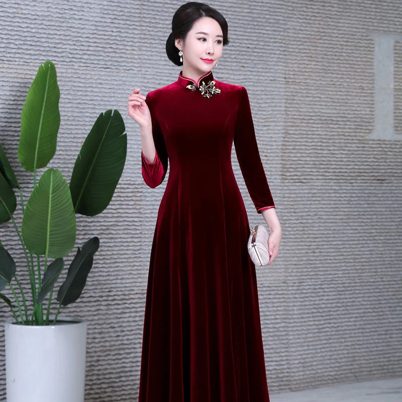 秋冬新款金丝绒红色长款气质高贵旗袍大码中老年显瘦婚礼旗袍